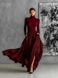 Conjunto elegante y vintage de top con cuello alto manga larga y falda maxi plisada