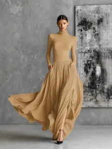 Elegante vestido maxi largo plisado de cuello alto y manga larga vintage chic.