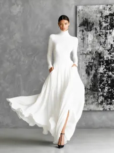 Conjunto elegante retro francés para mujer top blanco de manga larga y falda maxi.