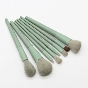 Detail view of 8-piece matcha green makeup brush set with soft bristles for face and eyes.