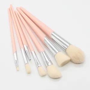 7-piece pink makeup brush set with soft bristles and metal ferrules for daily face and eye makeup.