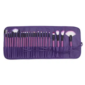 Set di 24 pennelli per trucco viola con setole morbide e custodia arrotolabile