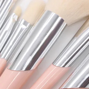Pink makeup brush set detail view soft bristles silver metal ferrule professional cosmetic tools