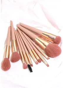 Detailansicht des 11-teiligen kirschblütenrosa Make-up Pinselsets mit weichen Borsten.