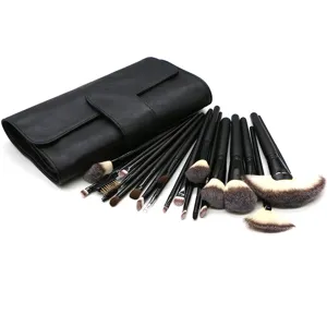 24-piece professional black makeup brush set with leather case, soft hair for daily use.