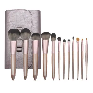 12 Piece Professional Makeup Brush Set with Rose Gold Handles and PU Leather Storage Bag