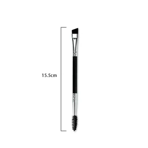 Pincel de cejas de doble cabezal biselado con cepillo, mango negro, longitud de 15,5 cm.