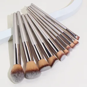 Professional Champagne Gold Makeup Brush Set With Wood Handle Soft Synthetic Fiber Essential Cosmetic Brushes Collection For Daily Travel Women Beauty Tools