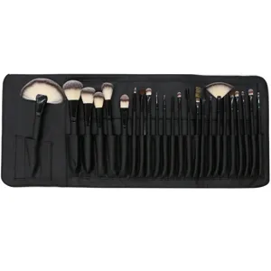 Detailed view of 24 pcs professional makeup brushes set with soft bristles and roll pouch.
