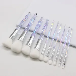 Details of the 10-piece diamond crystal makeup brush set featuring iridescent handles.