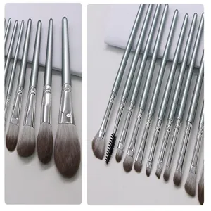 Detailed closeup of soft bristles and silver ferrule on makeup brush set for precise application.