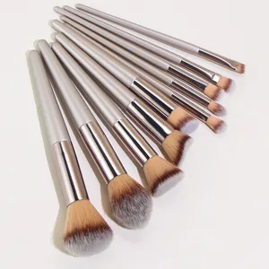 10-piece champagne makeup brush set with soft synthetic bristles for professional beauty.