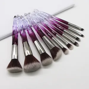 10pcs crystal makeup brush set with purple diamond handles for face powder, contour and eye details