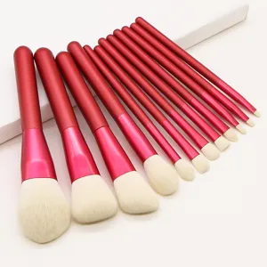 12-piece professional red makeup brush set featuring soft bristles for precise application.