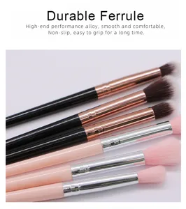 Detailed view of professional eye makeup brush set with durable ferrules and soft nylon hair.