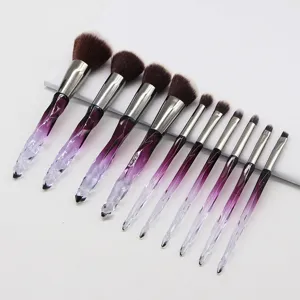 10pcs diamond crystal makeup brush set with gradient purple glass handles for professional use.
