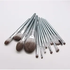 Detail view of a 14-piece makeup brush set with soft bristles for professional eye and face makeup.