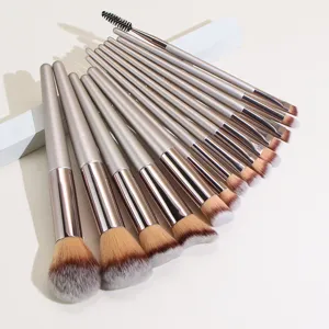 Champagne makeup brush set soft synthetic bristles detailed view professional cosmetic tools.