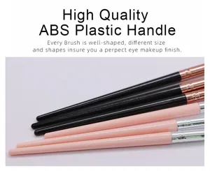 Close-up detail of makeup brush set with ABS plastic handle and soft nylon bristles.