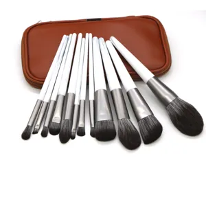 12-piece marble makeup brush set with brown leather storage pouch professional beauty tools