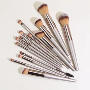 Champagne makeup brush set detail with soft synthetic bristles for eye and face makeup.