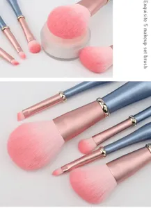 Detailed view of the 5-piece makeup brush set featuring blue handles and pink gradient bristles.