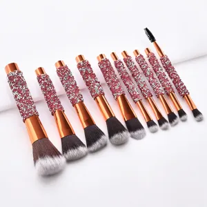 10-piece rhinestone makeup brush set rose gold crystal cosmetic tools close up detail view