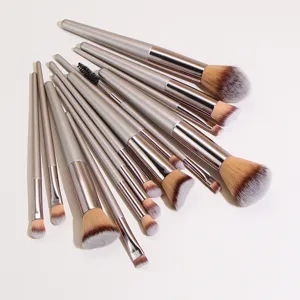 Professional 10-piece champagne makeup brush set with soft synthetic bristles for flawless blending.