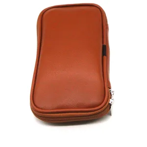 Durable brown PU leather zipper makeup brush pouch cosmetic storage organizer bag detail