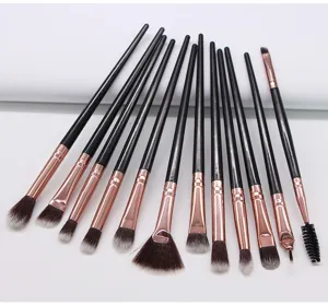 Detailed view of the 12-piece makeup brush set with soft nylon bristles and rose gold handles.