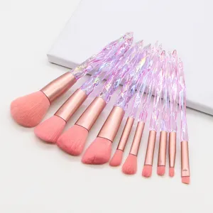 10pcs crystal diamond makeup brush set with pink bristles and glass handle for daily makeup.