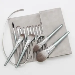 14-piece makeup brush set with grey roll pouch professional cosmetic tools soft synthetic fiber