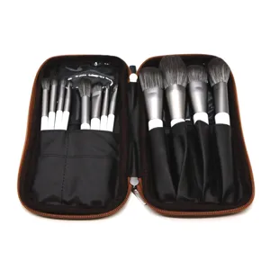 Professional 12-piece makeup brush set with a portable brown leather zipper pouch bag.