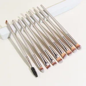 10-piece champagne makeup brush set detail view showing soft bristles and handles.