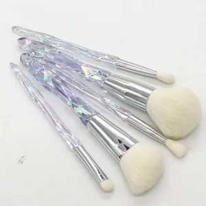 5pcs crystal makeup brush set iridescent diamond handle soft white synthetic bristles detail view