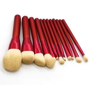 Professional 12-piece red makeup brush set, soft synthetic cosmetic tools for face.