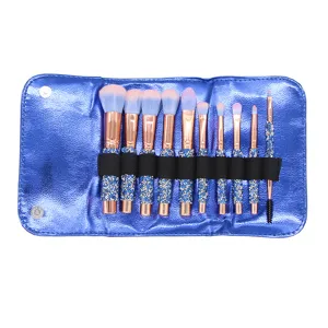 10-piece rhinestone makeup brush set with metallic blue roll pouch, professional cosmetic tools.