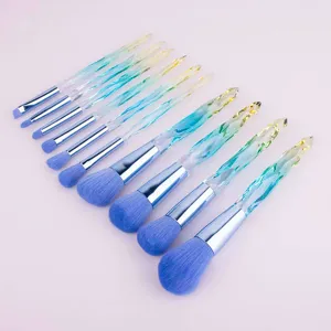 Detailed view of the 10-piece crystal diamond makeup brush set with gradient handles.