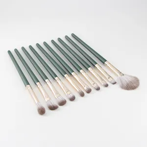 Close-up detail of soft makeup brush set with green handles and smooth bristles for precise application.