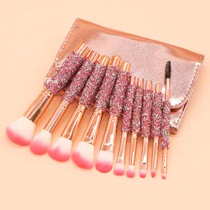 10-piece rhinestone makeup brush set with pouch detailed view showing sparkling handles.