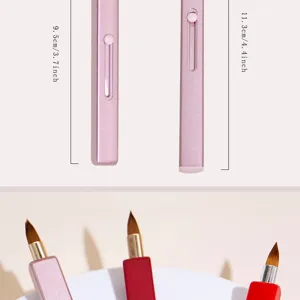 Retractable lip brush detail showing compact metal casing, fine bristles and size specs.