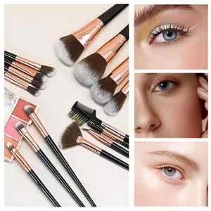 Detailed view of professional makeup brush set with soft bristles and natural eye look.