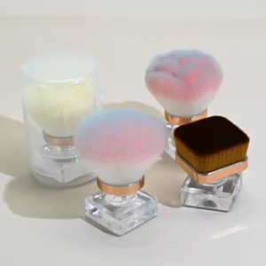 Set of gradient nail dust brushes, blush brushes and square foundation brushes with clear caps.