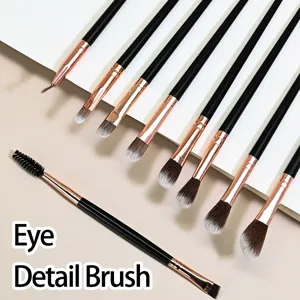 Professional eye detail makeup brush set with black handle and rose gold ferrule for exact makeup.