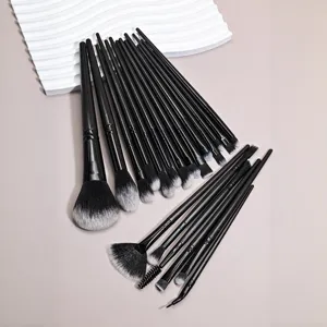 Professional 20-piece black makeup brush set detail view, soft synthetic bristles for eye and face.