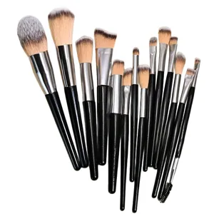 Professional 14-piece black makeup brush set with soft synthetic hair and wooden handles.