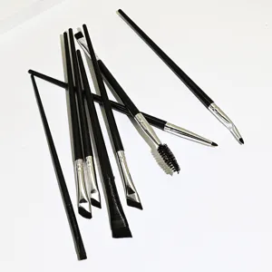 Set of 8 black makeup brushes including angled eyebrow brush, eyeliner and eyeshadow tools.