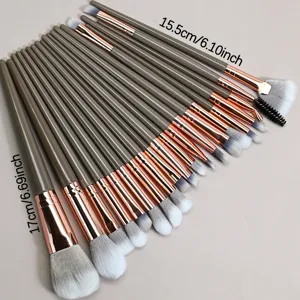 20-piece makeup brush set detail, soft bristles, rose gold ferrule, professional eye face tools.