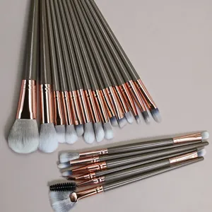 Detailed view of 20pcs brown makeup brush set with soft fibers and rose gold ferrule