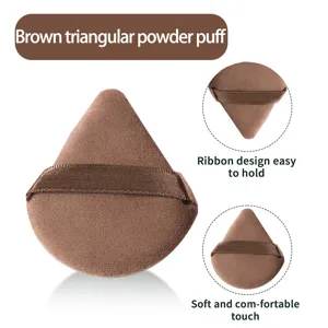 Brown triangular velvet powder puff with ribbon handle soft makeup sponge for face setting